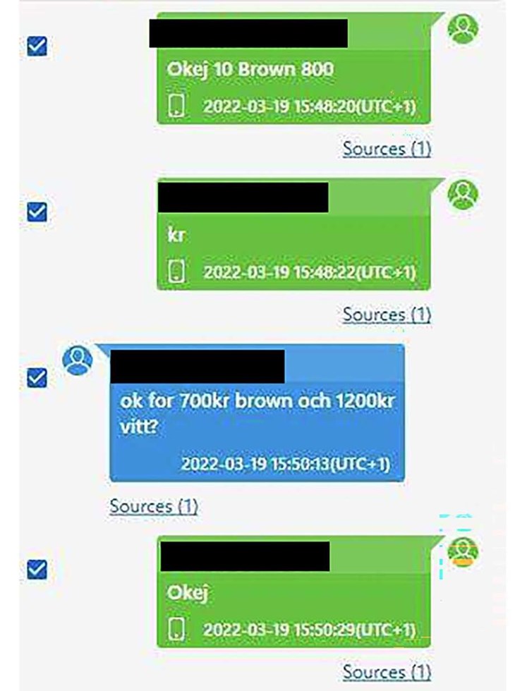 Diskussion om narkotikaköp i mannens chatthistorik. Foto: Polisens förundersökning