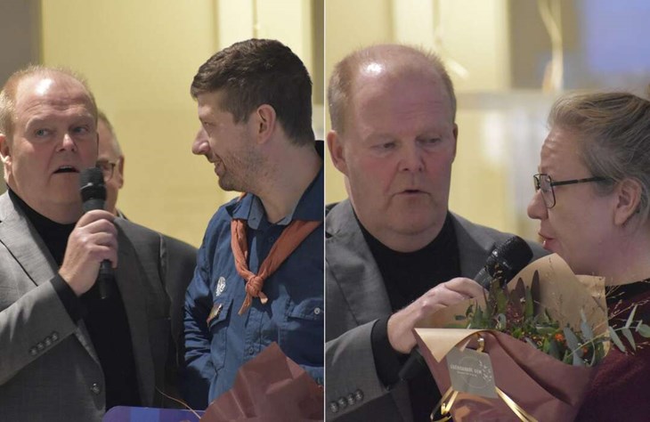 Ett par föreningar från Hedemora och Säters kommun fick ta emot stipendier. Från vänster ses Hedemora Scoutkår och Naglarby Bystugeförening i Gustafs. Med på alla bilderna är dagens konferencier Mats Ingels. Foto: Pär Sönnert