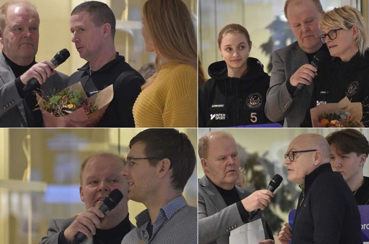 Flera föreningar från Falu kommun fick ta emot stipendier. I detta bildmontage ses några av dem. Överst, från vänster: Envikens IF och Falun Phoenix IBK. Nederst, från vänster: Falu IK Skidklubb och Falu Volley. Med på alla bilderna är dagens konferencier