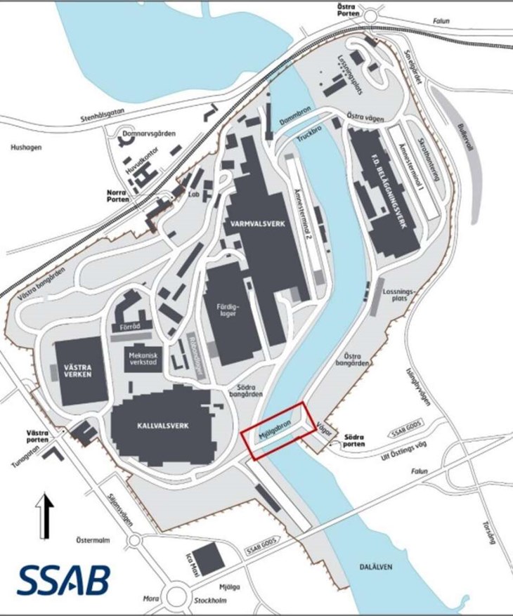 Här är en karta över det området där SSAB bedriver industriell verksamhet. Den nuvarande bron är inringad med rött och de nya broarna är tänkta att placeras strax söder om den. Illustration: SSAB