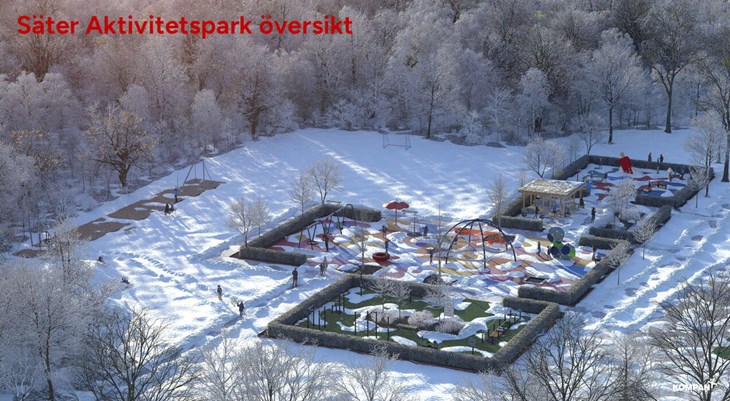 En skiss över hur pep-parken vid Gruvplan kan komma att se ut. "Samhällsbyggnadsnämnden har beslutat om att det kommer att bli en aktivitetsyta intill skateparken och bilden är en skiss som visar på hur parken kan komma att se ut. Utformningen kan alltså komma att korrigeras lite", säger Malin Lilja Altörn, fritidschef i Säters kommun. Skiss: Säters kommun