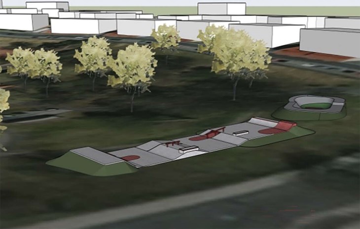 Skiss över Sveaparken i Hedemora och den planerade skateparken. Skiss: Nord Skateparks