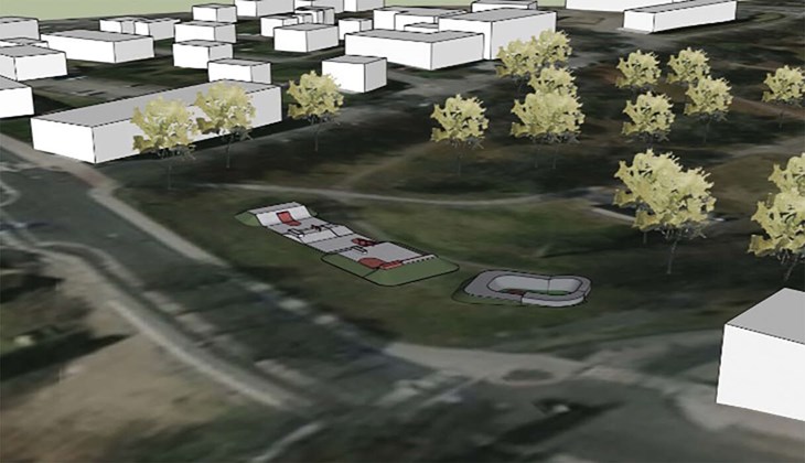 Skiss över Sveaparken i Hedemora och den planerade skateparken. Skiss: Nord Skateparks