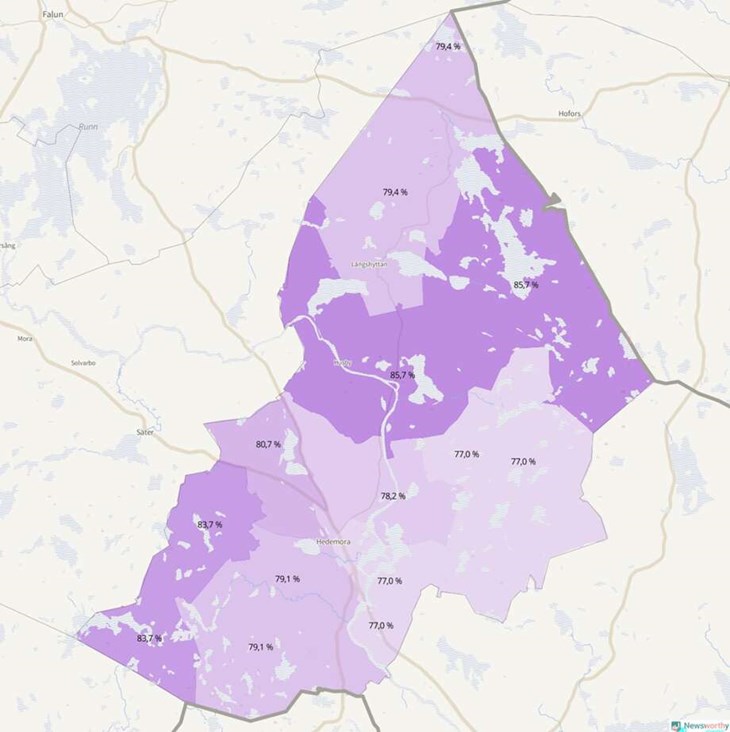 Så fördelades valdeltagandet i Hedemora 2022. Karta: Newsworthy