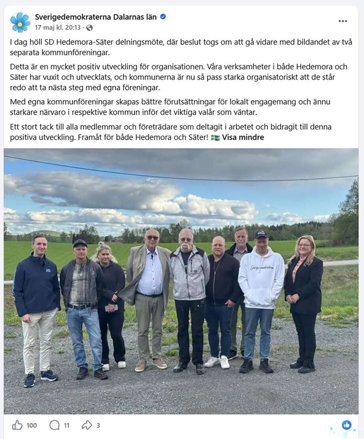 Nu bildas två lokala SD-föreningar i Hedemora och Säter. Skärmdump: Facebook