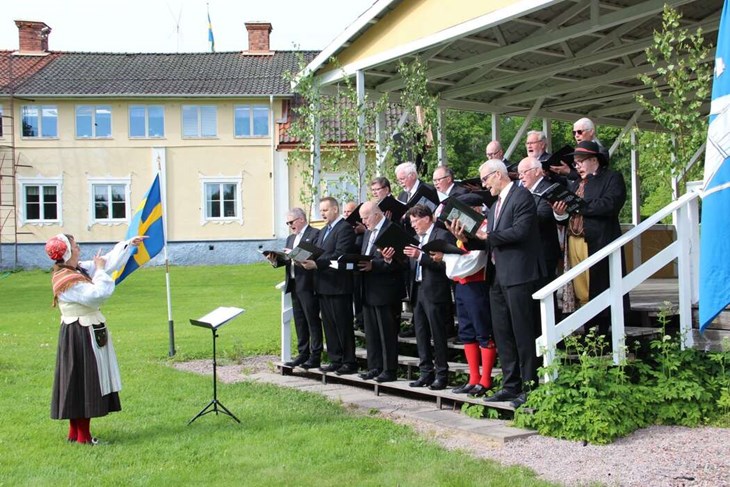Sveriges flagga var en av de sånger som projektmanskören “6 juni” framförde på nationaldagen i Horndals brukspark.