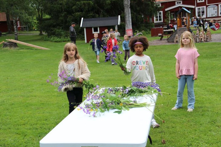Barnen från Norbergs fritidshem kom med händer fulla med blommor som skulle bli blomsterkransar till midsommarstången. För det fick de leka och fika.