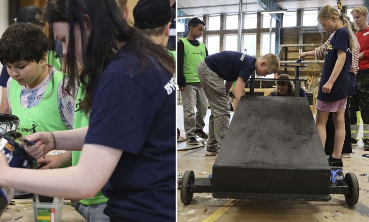 Deltagarna själva gör det mesta av arbetet själva. Inför byggandet fick barnen en enklare manual att följa där varje del är numrerad. Foto: Malin Westling