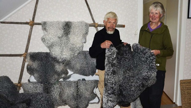 Swen Söderman och Marita Holmqvist säljer fårskinn med bland annat grå skinn. Foto: Maria Karlsson