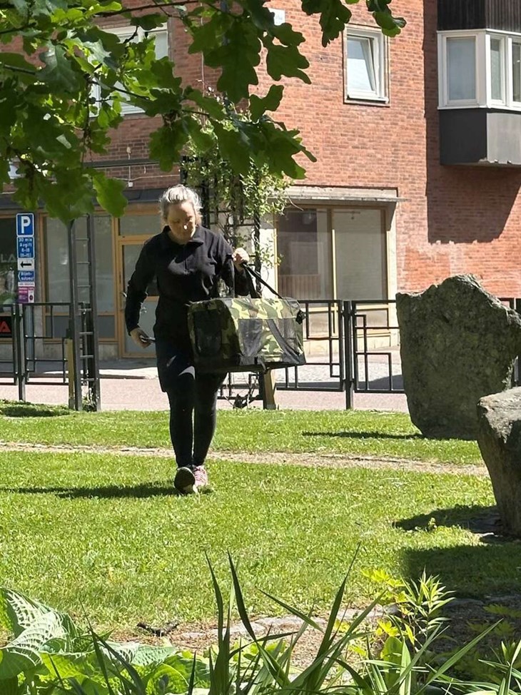 Under ett telefonsamtal till Ninas Viltrehabilitering i Rättvik får Sophie veta att det finns en plats för harpalten och hon tar harungen i en transportbur så den kan förflyttas säkert. Foto: Katharina Berglund