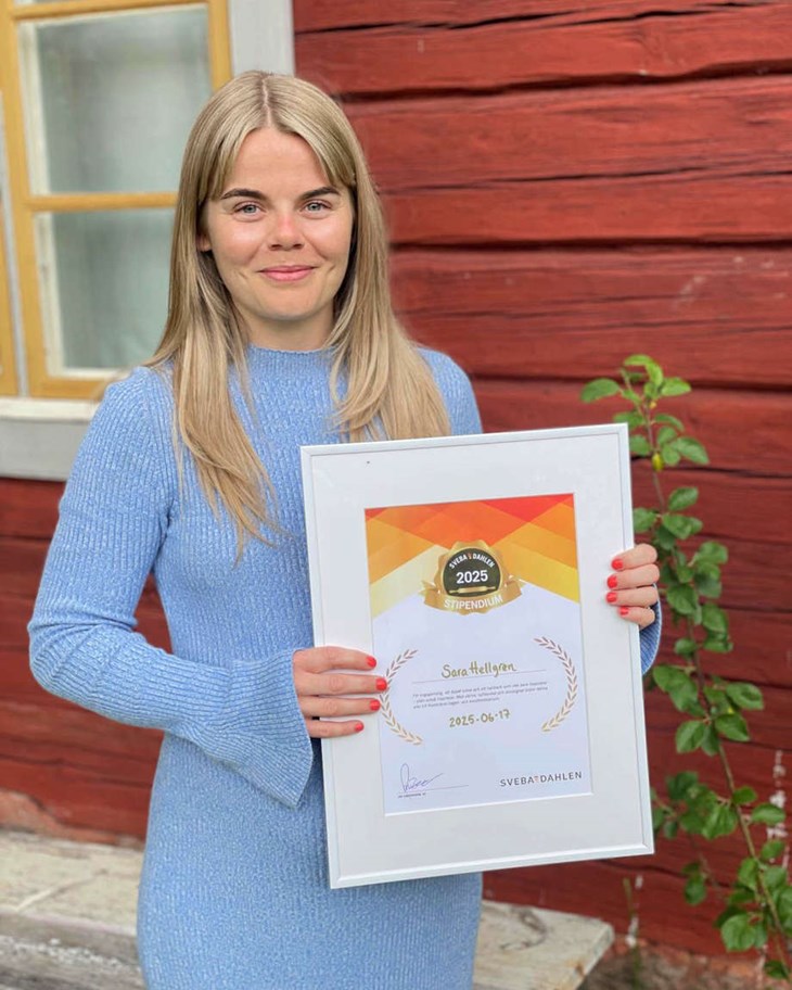 2025 tilldelades Sara Hellgren stipendium av företaget Sveba Dahlen. Foto: Privat