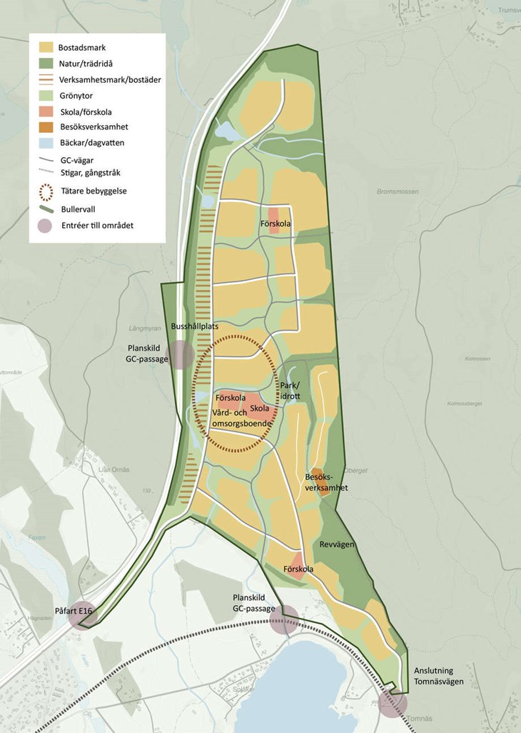 Planprogrammet gäller det här området som ligger norr om Ornäs och öster om E16. De gula fläckarna markerar det som kan bli bostäder i framtiden. Karta: Borlänge kommun