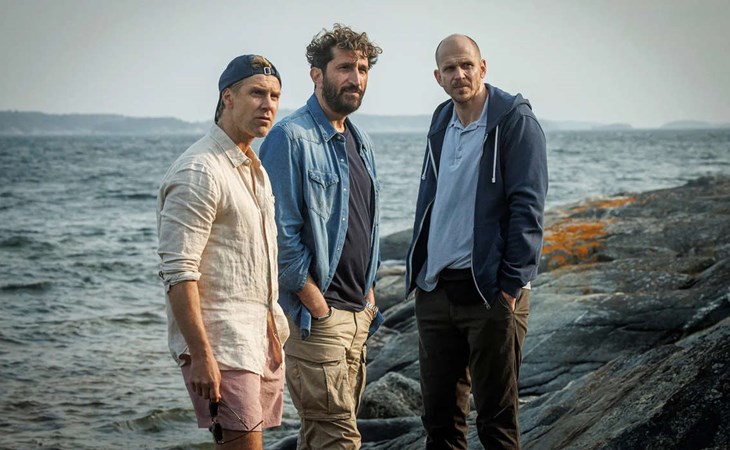Linus Wahlgren, Fares Fares och Gustaf Skarsgård i Sveriges Oscarsbidrag, "Arkipelag", som är Alex Schulmans regidebut. Foto: Johan Paulin