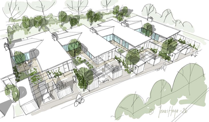 En skiss på de planerade radhusen på fastigheten Bältartäppan i centrala Borlänge.  Illustration: Jonas Haga/Uvbergets Vänner