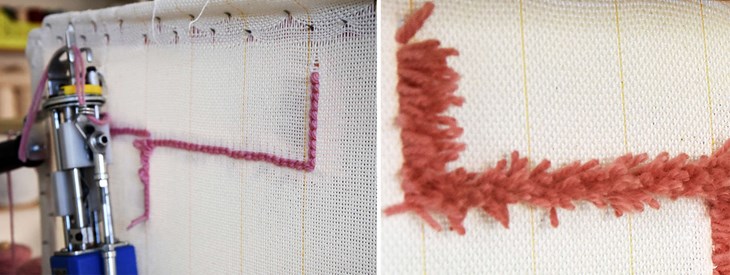 Tuftpistolen har skjutit garn genom vävens baksida, vilket får fluffigt resultat på vävens framsida. Foto/Montage: Sonny Jonasson