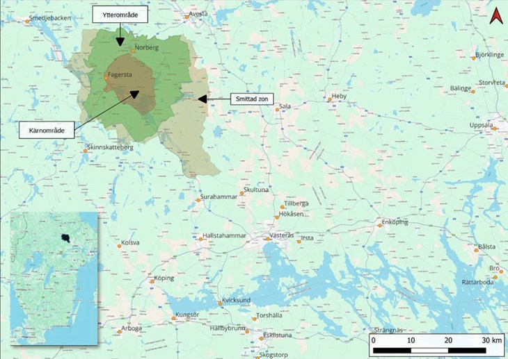 Karta över de områden som belades med restriktioner till följd av utbrottet. Bild: Agrifood Economics Centre