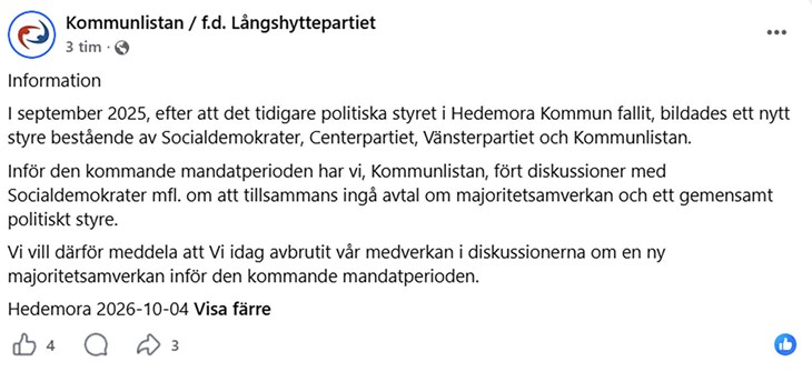 Under måndagen publicerade Kommunlistan inlägget på sin facebooksida. Skärmdump från Facebook