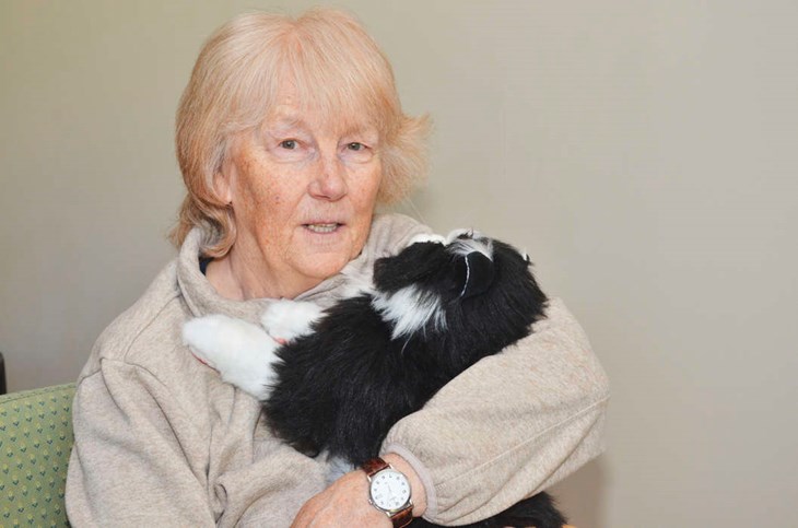 Barbro Lindh stryker försiktigt Musse som nästan är som en levande katt. Foto: Maria Karlsson