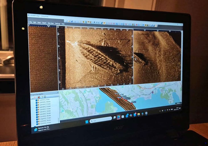 Sonarbild som visar ett av de totalt sju vrak som nu påträffats på Runns botten. Vraken kopplas till gruvdriften i Falun och bedöms vara flera hundra år gamla. Foto: Länsstyrelsen Dalarna